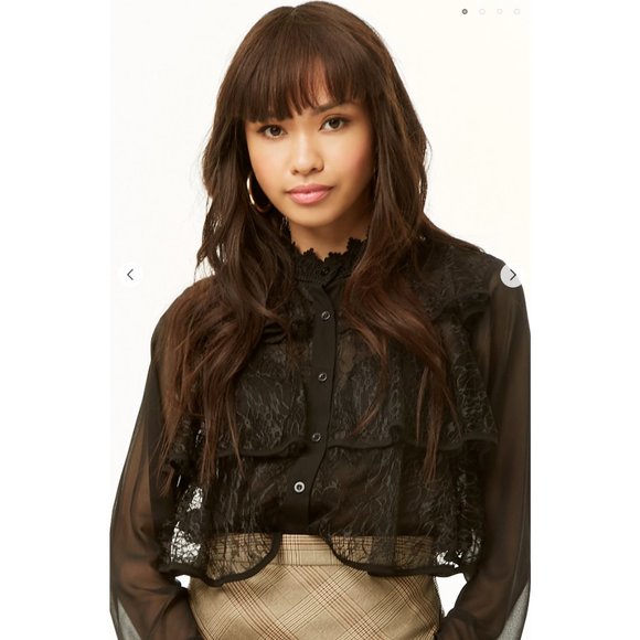 Floral Lace Layered Chiffon Blouse EUC M High Neck Sheer Boho Workwear Party - Picture 1 of 4